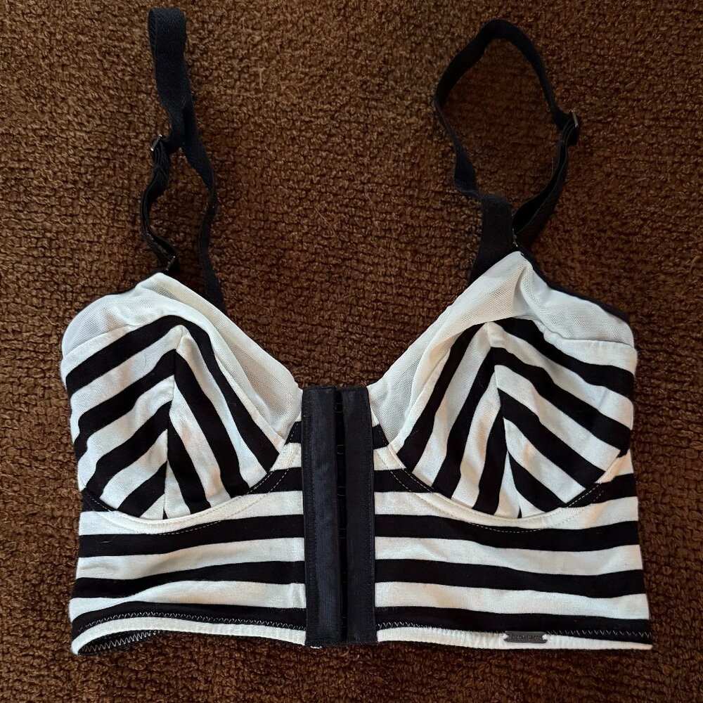 EUC Vintage Kensie Black & Cream Stripe Longline Front-Close Bralette
